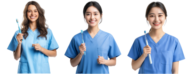 Realistic Dentist holding tooth brush, wearing dentist blue dress, smiling and looking isolated on white background