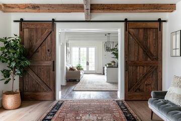 a farmhouse entryway with white walls and dark wood beams and sliding doors