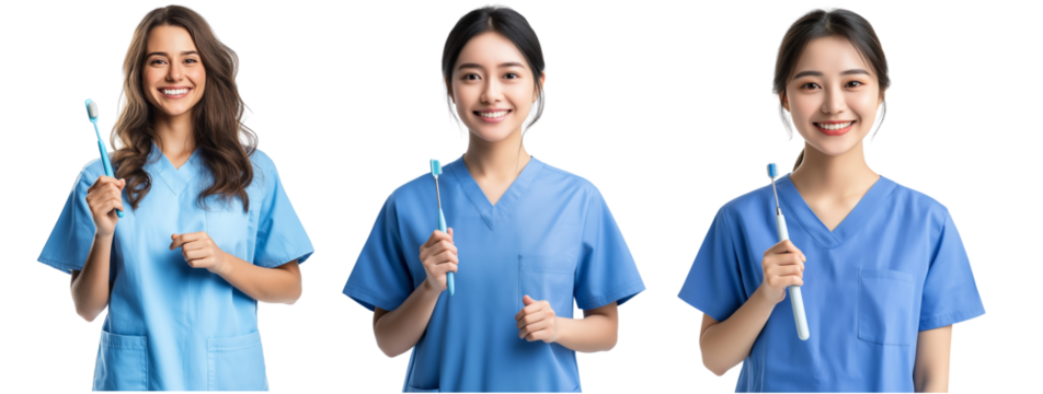 Realistic Dentist holding tooth brush, wearing dentist blue dress, smiling and looking isolated on white background