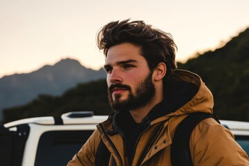 Adventurous young man in warm jacket gazes at mountains during sunset in a serene outdoor setting