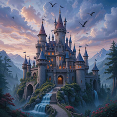 majestic castle sits nestled amidst serene landscape, evoking sense of wonder and enchantment under cloudy sky