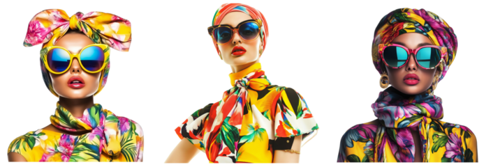 women showcase summer beach fashion cloth with statement sunglasses and accessories, complemented by vibrant floral attire. isolated