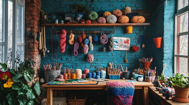 A vibrant crafting corner with brightly colored yarn, needles, and ongoing projects. digital