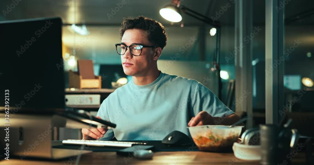 Poster Night, man and eating at computer for programming, web development and project in office. Programmer, glasses and food at technology for company cybersecurity, problem solving and deadline work