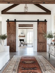 a farmhouse entryway with white walls and dark wood beams and sliding doors