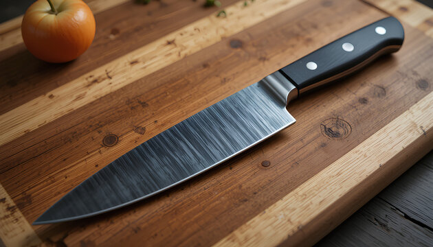 Close-up of a butcher knife on a wooden cutting board &ndash; high-angle, sharp stainless steel blade