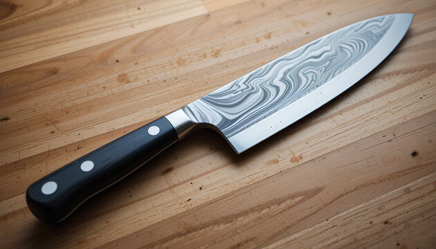 Close-up of a butcher knife on a wooden cutting board &ndash; high-angle, sharp stainless steel blade