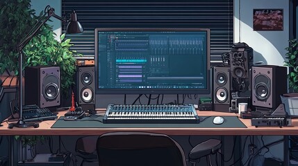 Fototapeta premium A professional recording studio setup for an online podcast series. digital