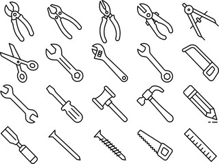 Hand Tools and Hardware Essentials tooles Icon Set.