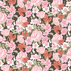 Seamless pattern with spring rose and peony flowers and leaves. Hand drawn background. floral pattern for wallpaper or fabric. Flower rose, vector illustration