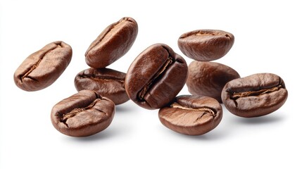 Freshly roasted coffee beans scattered on a clean surface ready for brewing delicious beverages