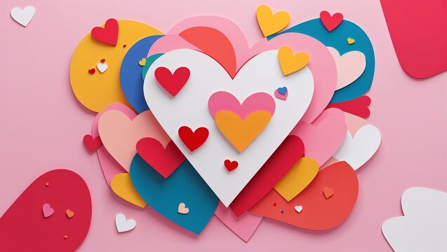 Naklejki Colorful paper hearts art arrangement on pink backdrop love and valentines day concept
