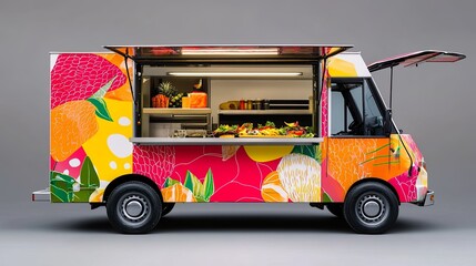 A vibrant food truck showcasing gourmet street food with colorful branding. digital
