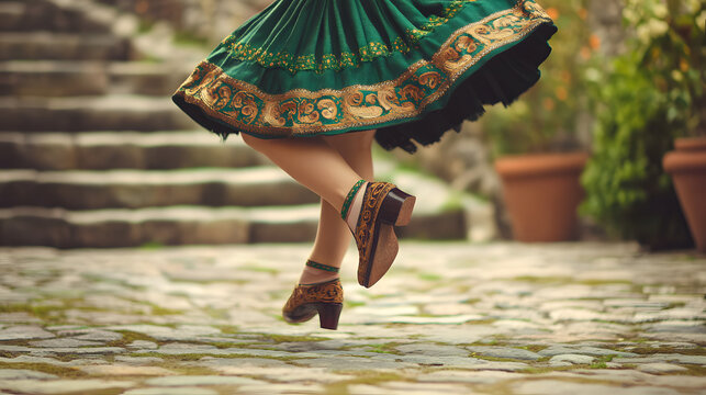 A traditional Irish step dance performance with rhythmic footwork and fast-paced movements, performed at a cultural gathering with lively music.