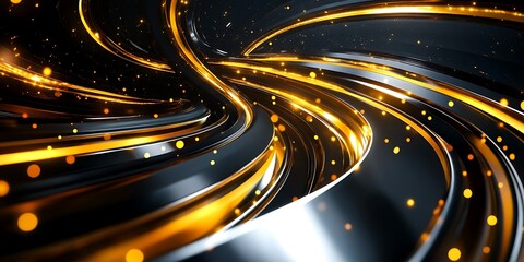 Fototapeta premium Abstract swirling gold lights, dark background, futuristic design, website banner