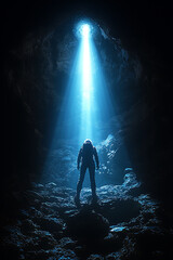 Obraz premium Silhouetted figure in a dark cave, illuminated by a vibrant blue light from above. Represents hope, discovery, or the unknown.