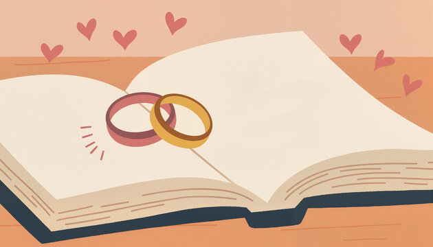 Elegant wedding rings on open book with vows, love and commitment