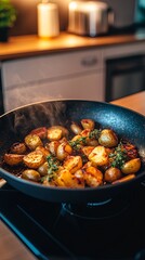 A skillet of crispy roasted potatoes with paprika and thyme, served in a cozy kitchen setting. digital