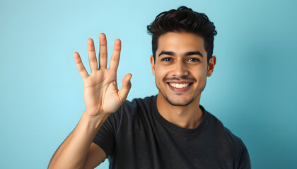 Naklejka premium Young hispanic man holding blank empty banner smiling happy doing ok sign with hand on eye looking through fingers, smooth light. with white shades