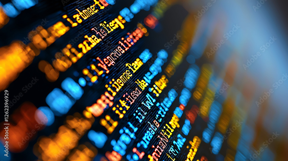 Poster abstract closeup of colorful computer code on a screen.