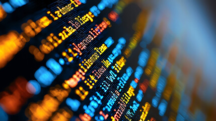 Abstract closeup of colorful computer code on a screen.