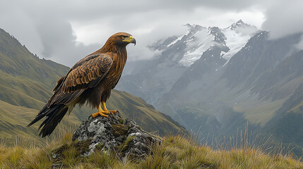 Fototapeta premium Majestic golden eagle perched on a rock, overlooking a dramatic mountain range. A powerful symbol of freedom, strength, and wilderness.