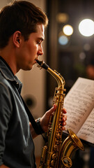 Thoughtful saxophonist reading sheet music in intimate setting, creativity