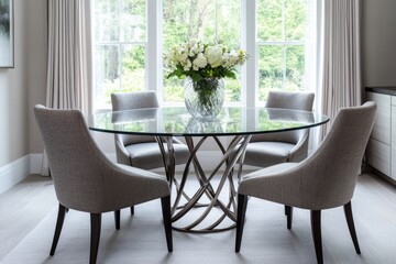 Modern Dining Room with Glass Table and Gray Chairs