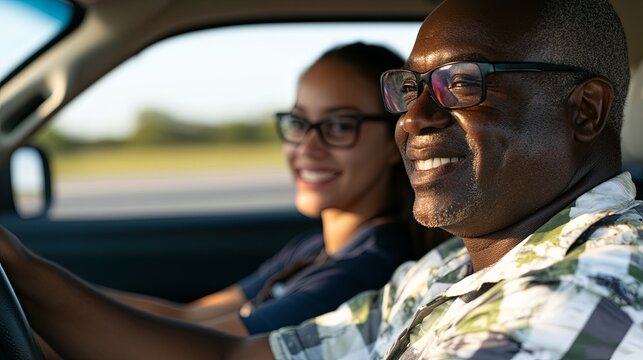 A professional driving instructor guiding a student in a clean, well-maintained car. digital