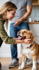 Trainer joyfully teaching dog in indoor space, calm atmosphere