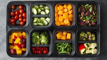 A flat lay of meal prep containers filled with colorful, healthy ingredients. digital