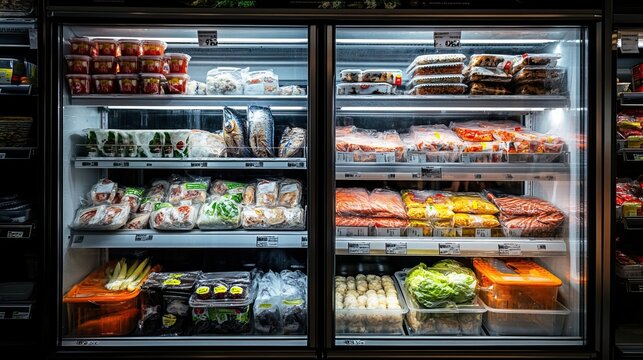 Well-Stocked Supermarket Freezer with Various Frozen Seafood, Meat, and Vegetables