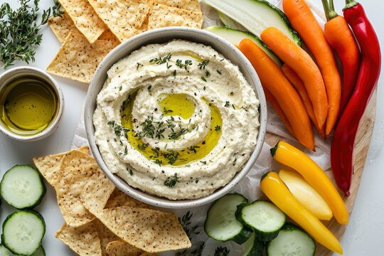 hummus with crackers, vegetables and other snacks on white background. colorful  platter with delicious plant-based dip. perfect for healthy diet.