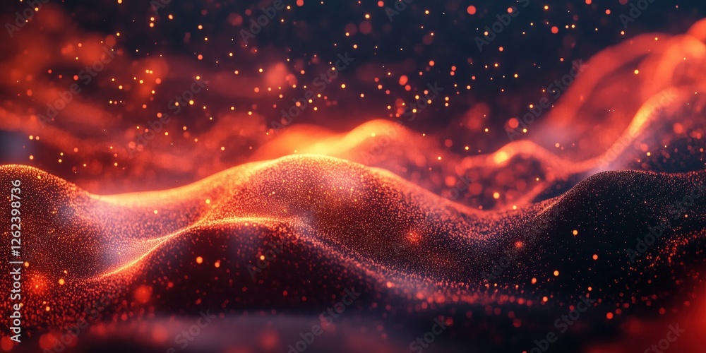 Poster abstract glowing waves with particles in warm colors creating a dynamic background