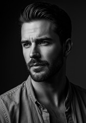 Fototapeta premium Moody Black and White Close-Up Portrait of a Bearded Man 