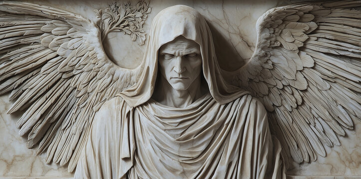 Thanatos (Tanatos) is the god of death, the twin brother of the god of sleep Hypnos. The cult of Thanatos was especially widespread in Sparta. Ancient Greek and Roman mythology. Marble bas-relief.