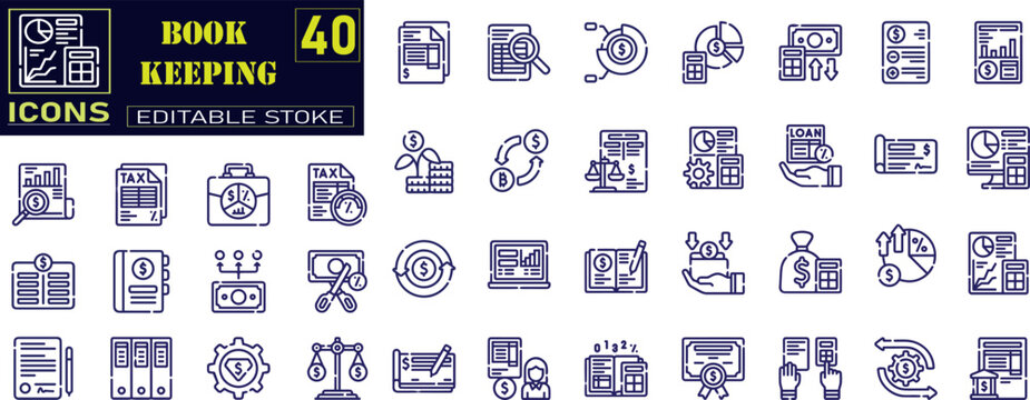 Set of outline icons related to bookkeeping. Audit, ledger, receipt, balance sheet, tax, revenue, financial reports, savings, and so on.