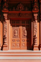Obraz premium Intricate carved wooden doors entrance, ornate detail, spiritual significance