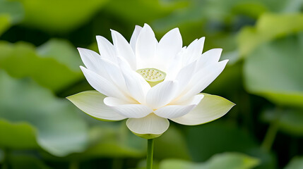 White lotus flower blooming, pond, green leaves, serenity, nature photography
