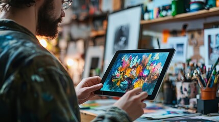 A professional artist showcasing their NFT collection on a sleek tablet in a bright workspace. digital