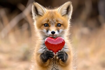 Fototapeta premium Promotion animal creative design idea. Fox - my beloved animal. Cute fox baby with diamond red heart on in a natural habitat. Cute love scene in nature. Expressive wildlife love. Wild love.