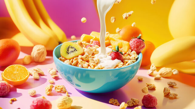 vibrant breakfast setup featuring bowl of cereal with fresh fruits and milk pouring in, creating lively and colorful scene