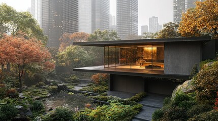 Modern autumn city oasis garden house