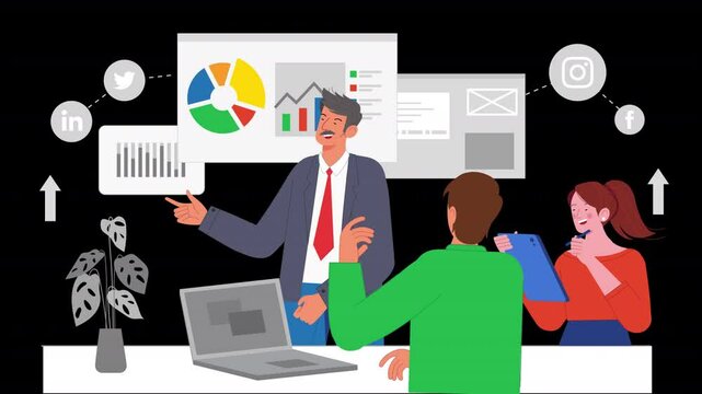 Flat style animation illustrating marketing consultants at work, guiding businesses through brand strategies, digital presence, and market analysis for optimum growth.