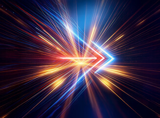 A vibrant double exposure abstract image with radiating light rays converging on a bright center point, creating a dynamic and energetic visual effect.