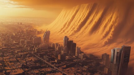 A futuristic city battling dust storms with advanced protective shields, illustrating a blend of natures power and human innovation