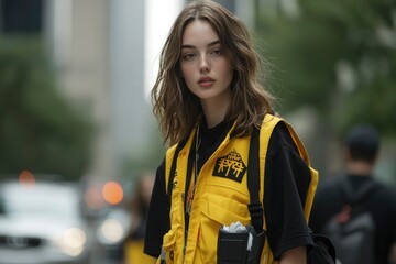 Young woman in yellow vest stands outside, city background, for educational use