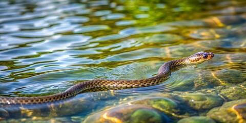 Fototapeta premium Snake Swimming in Clear Water Over Colorful Stones Under sunlight