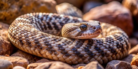 Obraz premium Close-Up View of a Beautiful Coiled Snake Among Natural Rocks