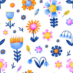 Seamless pattern with decorative flowers. Blooming flower heads. Colorful botanical, patel, leaves. Daisy hand drawn cartoon collection. Endless background